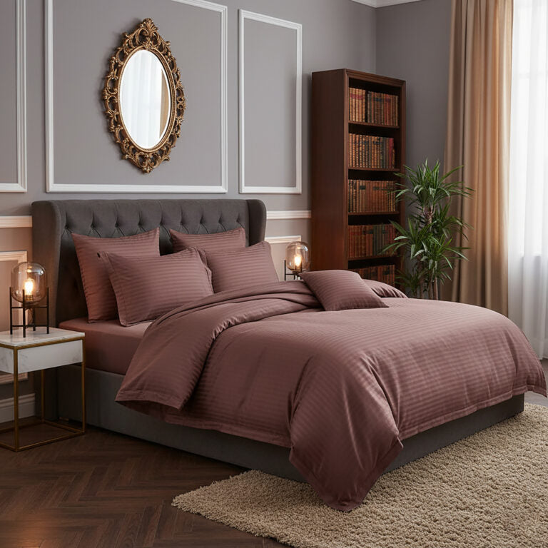 Lenjerie pat 100% bumbac damasc, maro