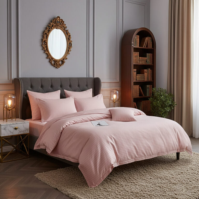 Lenjerie pat 100% bumbac damasc, roz