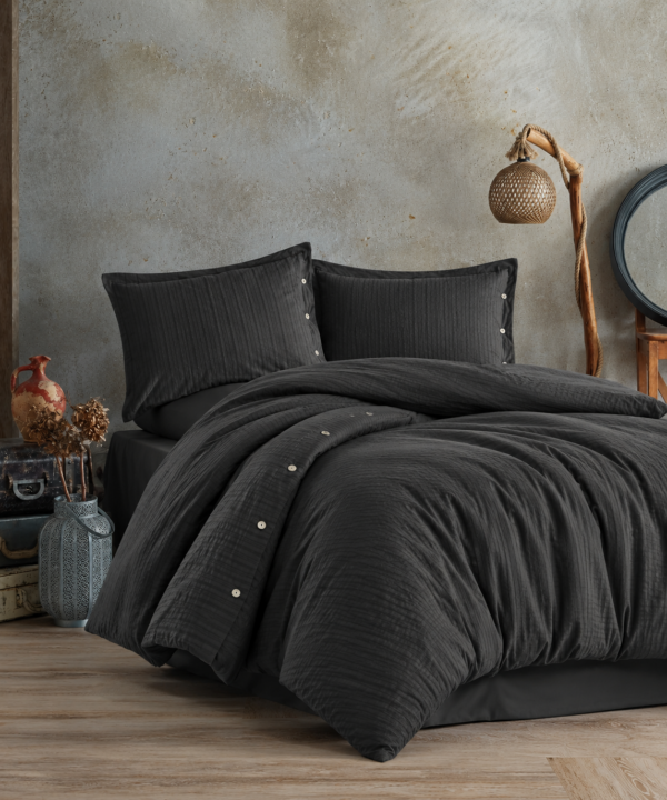Lenjerie de pat Culmi Bucovinene, 100% bumbac ranforce, 4 piese, cearceaf 240 x 260 cm, antracit cu nasturi - imagine 4