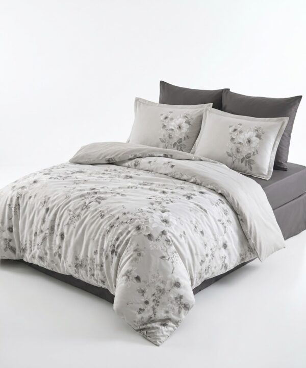 Lenjerie de pat Brize Dunărene, 100% bumbac satinat, 4 piese, cearceaf 240 x 260 cm, gri/alb