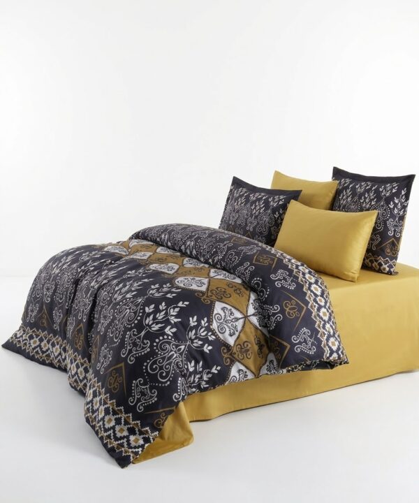 Lenjerie de pat Brize Dunărene, 100% bumbac satinat, 4 piese, cearceaf 240 x 260 cm, galben/negru