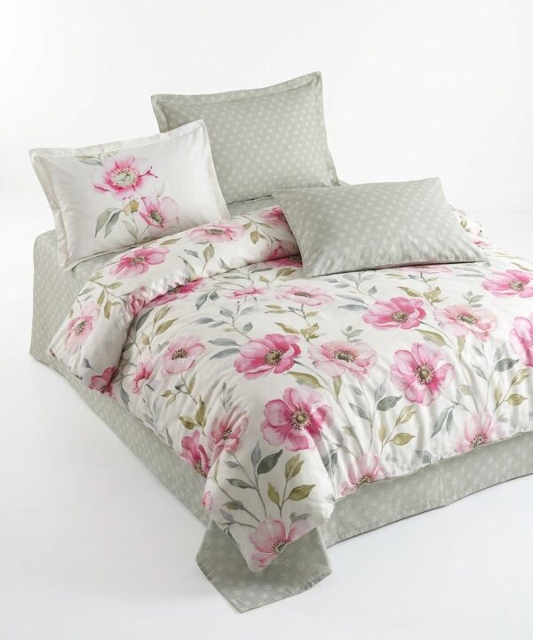Lenjerie de pat Brize Dunărene, 100% bumbac satinat, 4 piese, cearceaf 240 x 260 cm, roz/gri