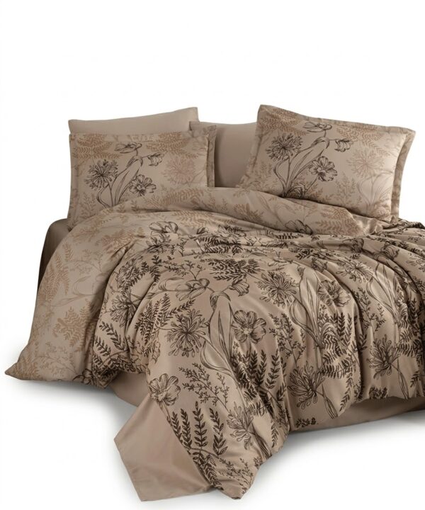 Lenjerie de pat Brize Dunărene, 100% bumbac satinat, 4 piese, cearceaf 240 x 260 cm, bej/maro