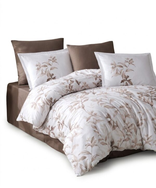 Lenjerie de pat Brize Dunărene, 100% bumbac satinat, 4 piese, cearceaf 240 x 260 cm, alb/maro