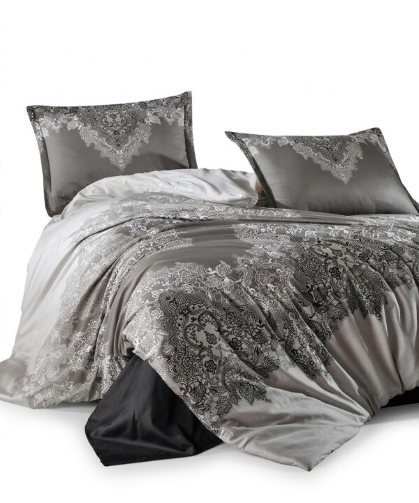 Lenjerie de pat Brize Dunărene, 100% bumbac satinat, 4 piese, cearceaf 240 x 260 cm, gri/negru
