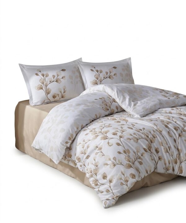 Lenjerie de pat Brize Dunărene, 100% bumbac satinat, 4 piese, cearceaf 240 x 260 cm, alb/bej