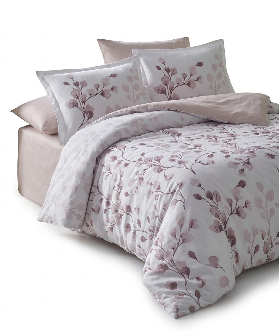 Lenjerie de pat Brize Dunărene, 100% bumbac satinat, 4 piese, cearceaf 240 x 260 cm, crem/roz
