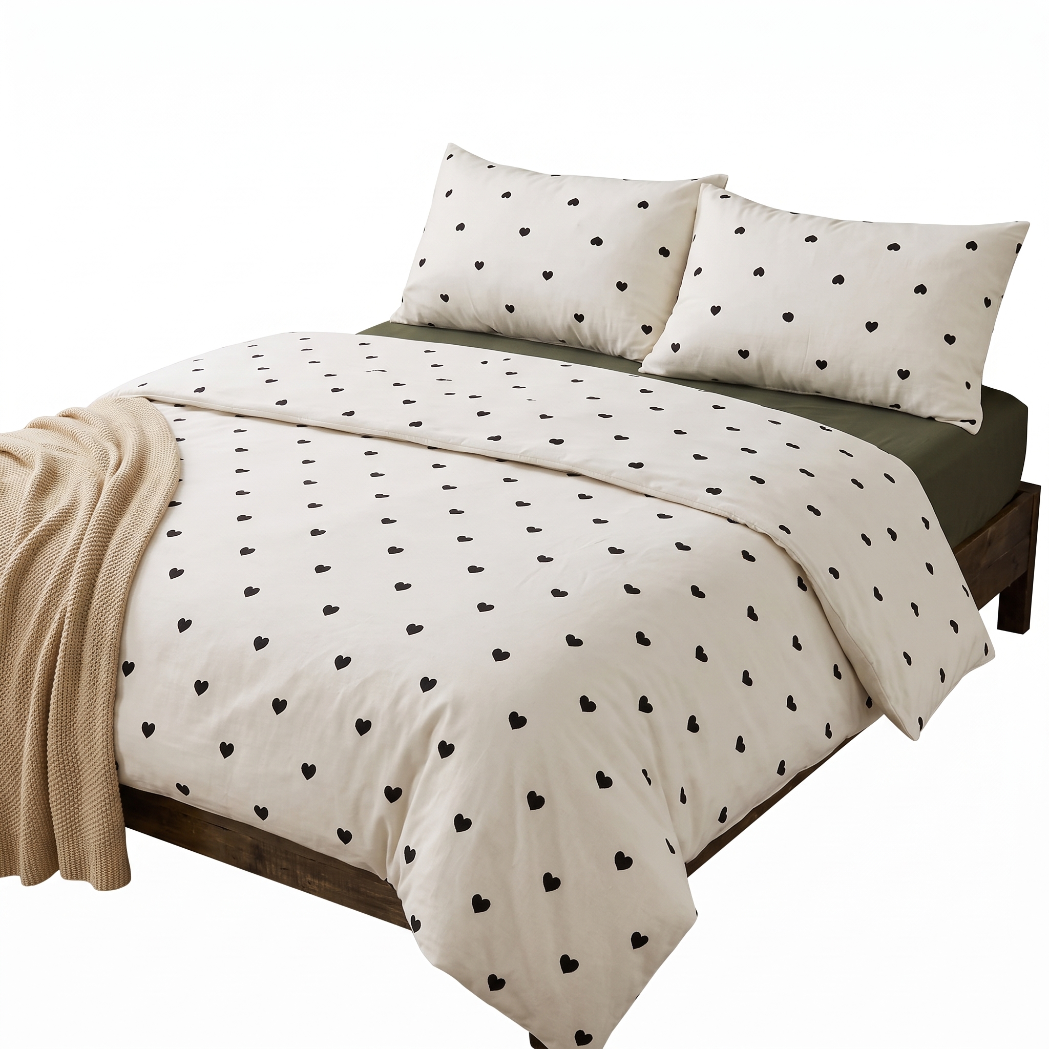 Lenjerie de pat, 4 piese, cearceaf cu elastic universal 160/180 x 200 cm, inimi