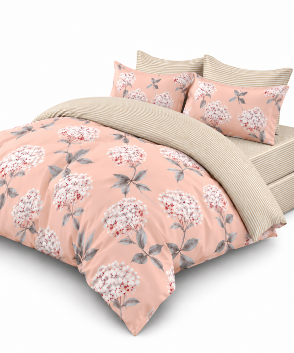 Lenjerie de pat Grădini Dobrogene, 6 piese, două fețe, 100% bumbac percale, roz
