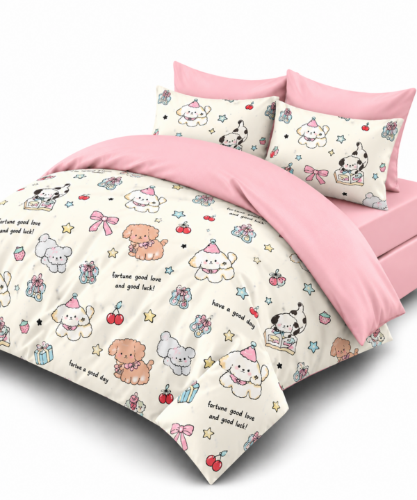 Lenjerie de pat Grădini Dobrogene, 6 piese, două fețe, 100% bumbac percale, roz