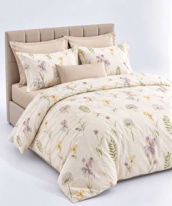 Lenjerie de pat Văi Carpatine, 6 piese, finet (72% bumbac), universală, crem/flori
