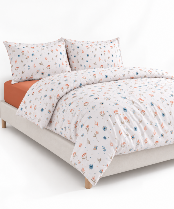 Lenjerie de pat Refugiu la Balcic, 4 piese, 100% bumbac ranforce, husă cu elastic universală 140/160x200 cm, alb/portocaliu