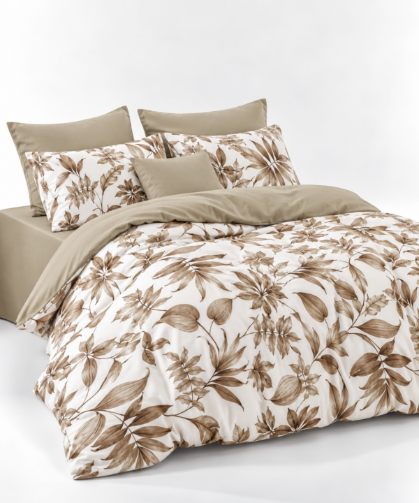 Lenjerie de pat Grădini Dobrogene, 6 piese, două fețe, 100% bumbac percale, maro