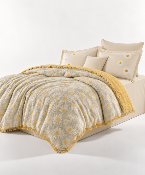 Set de pat Zori Maramureșeni, bumbac muselină 100%, 4 piese, cearceaf 240 x 260 cm, crem/mentă