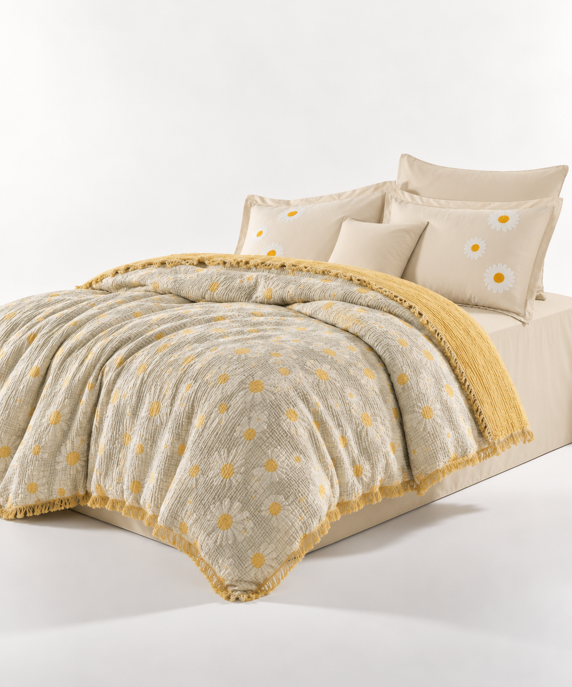 Set de pat Zori Maramureșeni, bumbac muselină 100%, 4 piese, cearceaf 240 x 260 cm, crem/mentă