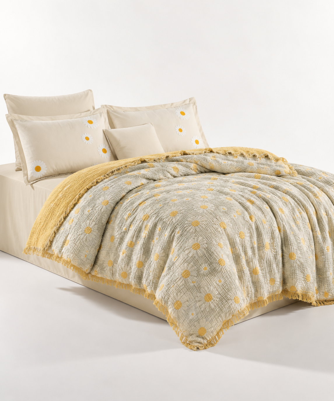 Set de pat Zori Maramureșeni, bumbac muselină 100%, 4 piese, cearceaf 240 x 260 cm, crem/mentă - imagine 3