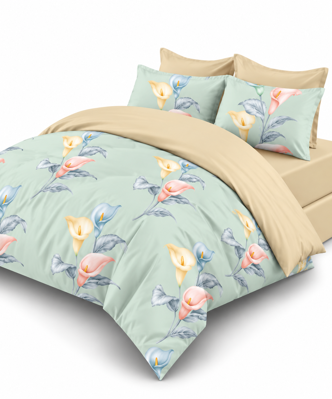 Lenjerie de pat Grădini Dobrogene, 6 piese, două fețe, 100% bumbac percale, verde