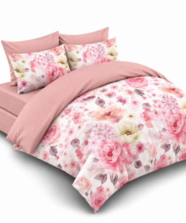 Lenjerie de pat Grădini Dobrogene, 6 piese, două fețe, 100% bumbac percale, roz