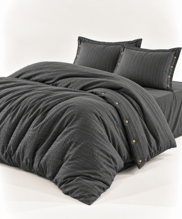 Lenjerie de pat Culmi Bucovinene, 100% bumbac ranforce, 4 piese, cearceaf 240 x 260 cm, antracit cu nasturi - imagine 3