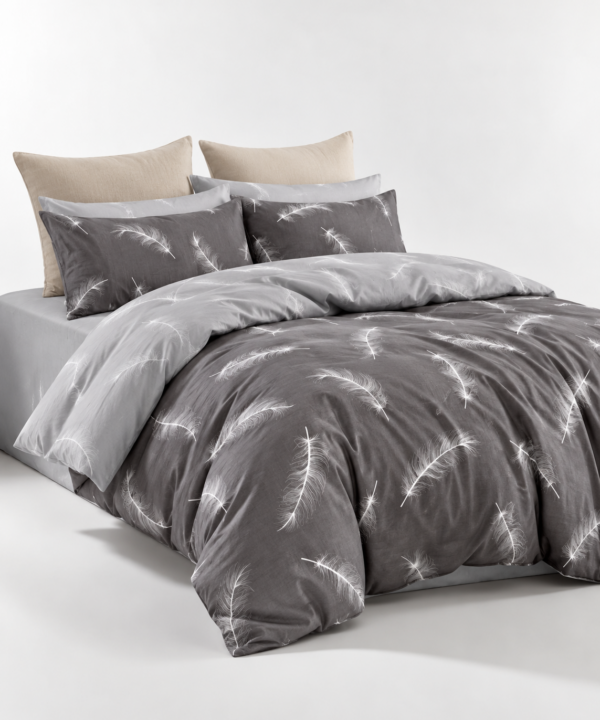 Lenjerie de pat Grădini Dobrogene, 6 piese, două fețe, 100% bumbac percale, pene gri